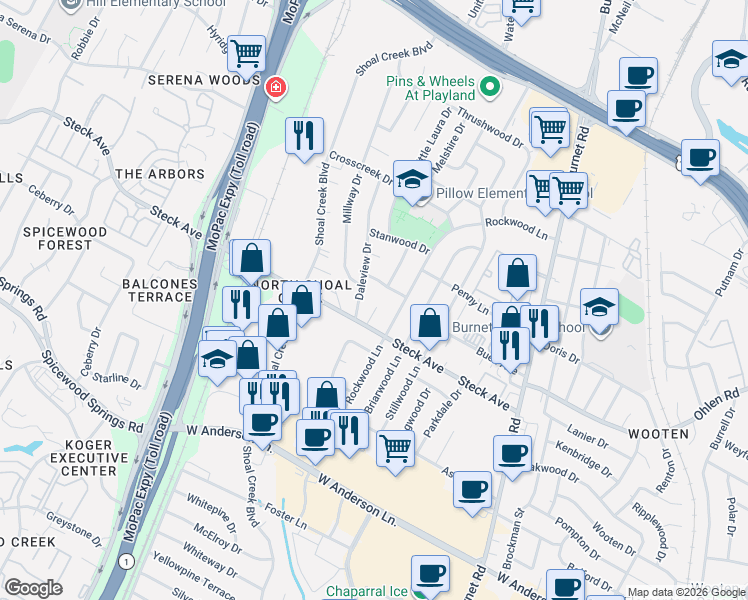 map of restaurants, bars, coffee shops, grocery stores, and more near 8208 Sandalwood Cove in Austin