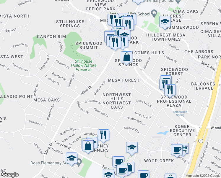 map of restaurants, bars, coffee shops, grocery stores, and more near 7709 Stoneywood Drive in Austin