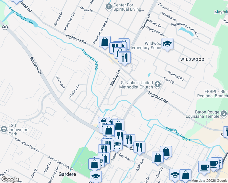 map of restaurants, bars, coffee shops, grocery stores, and more near 447 Highland Creek Parkway in Baton Rouge