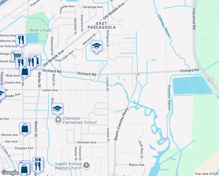 map of restaurants, bars, coffee shops, grocery stores, and more near 3106 Louise Street in Pascagoula