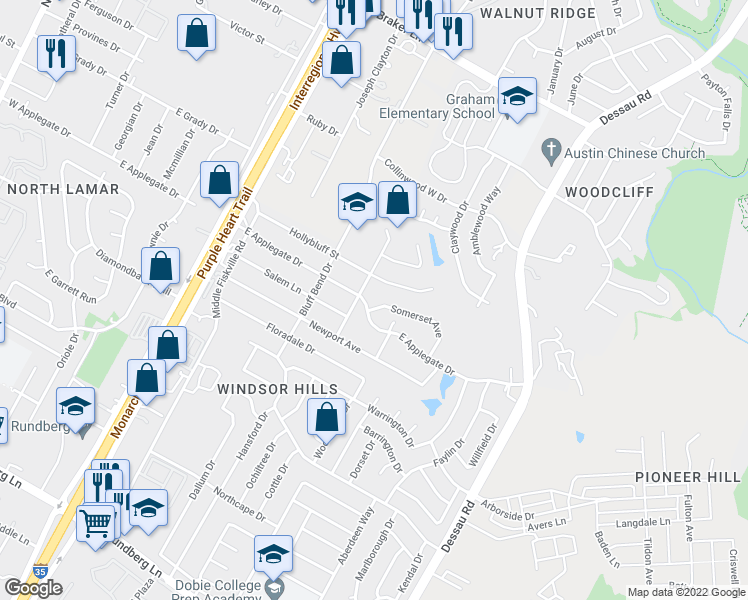 map of restaurants, bars, coffee shops, grocery stores, and more near 1100 Somerset Avenue in Austin