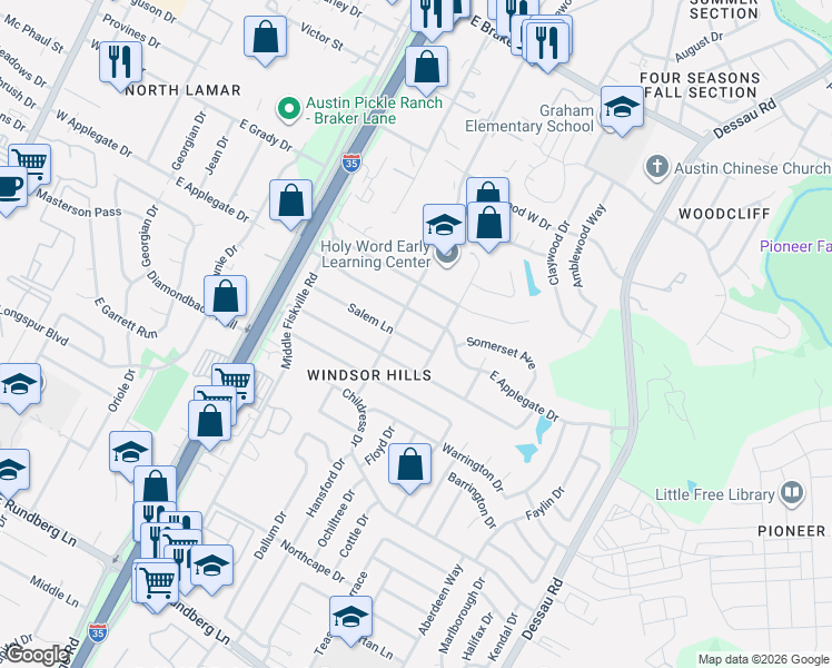 map of restaurants, bars, coffee shops, grocery stores, and more near 1004 Salem Lane in Austin