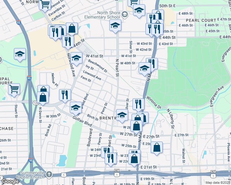 map of restaurants, bars, coffee shops, grocery stores, and more near 4530 North Pearl Street in Jacksonville
