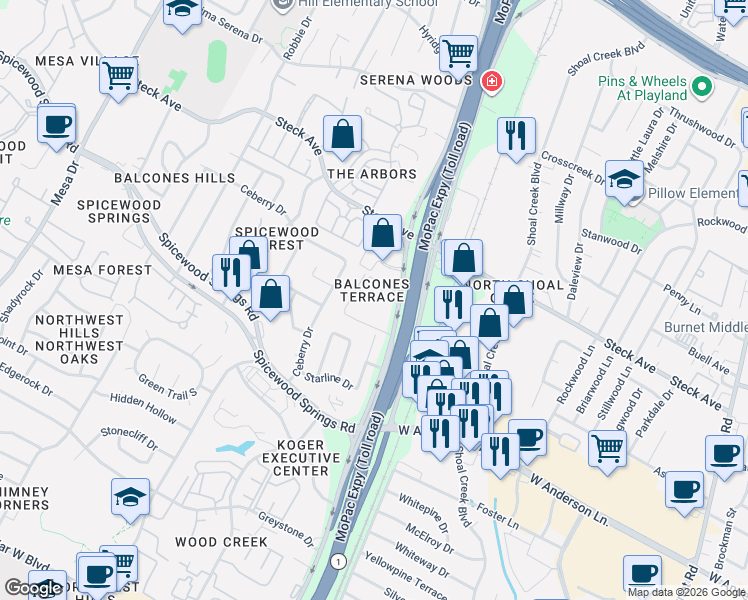 map of restaurants, bars, coffee shops, grocery stores, and more near 8100 North Mopac Expressway in Austin