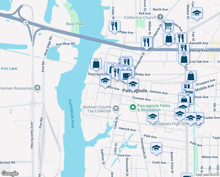 map of restaurants, bars, coffee shops, grocery stores, and more near 598 Watts Avenue in Pascagoula