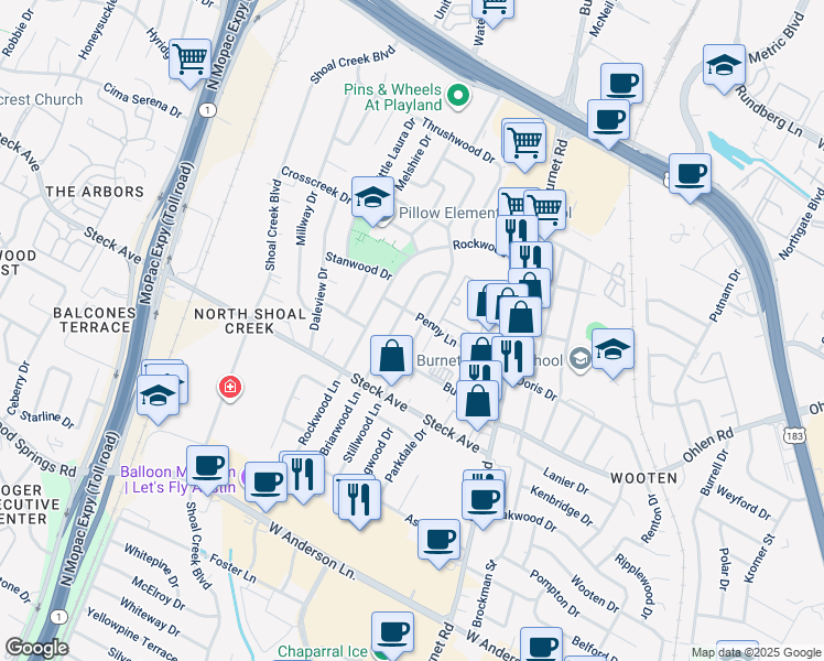 map of restaurants, bars, coffee shops, grocery stores, and more near 8310 Stillwood Lane in Austin