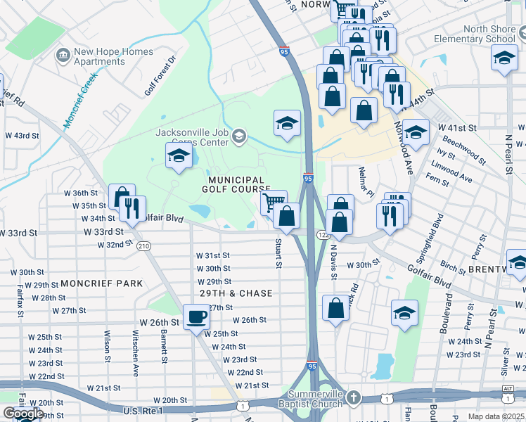 map of restaurants, bars, coffee shops, grocery stores, and more near 1085 Golfair Boulevard in Jacksonville