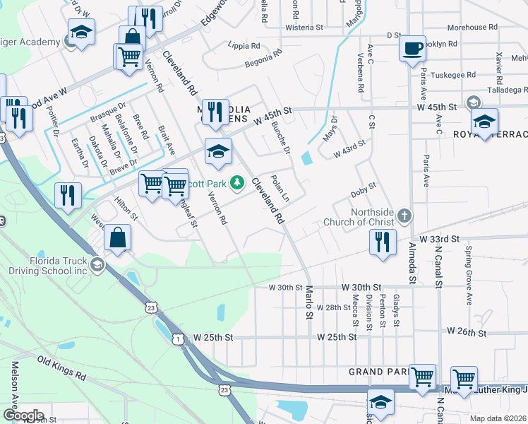 map of restaurants, bars, coffee shops, grocery stores, and more near 5220 Cleveland Road in Jacksonville