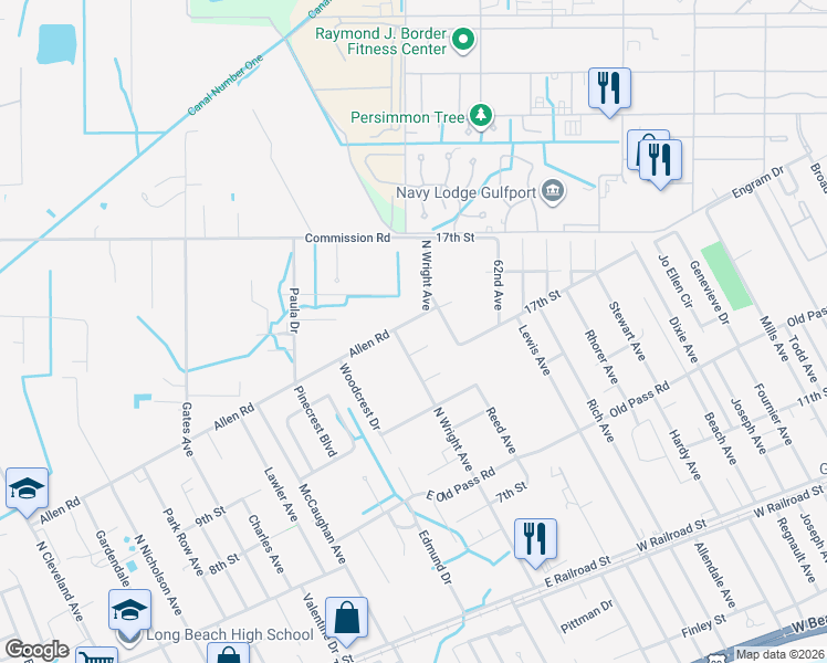 map of restaurants, bars, coffee shops, grocery stores, and more near 18001 Allen Rd in Long Beach