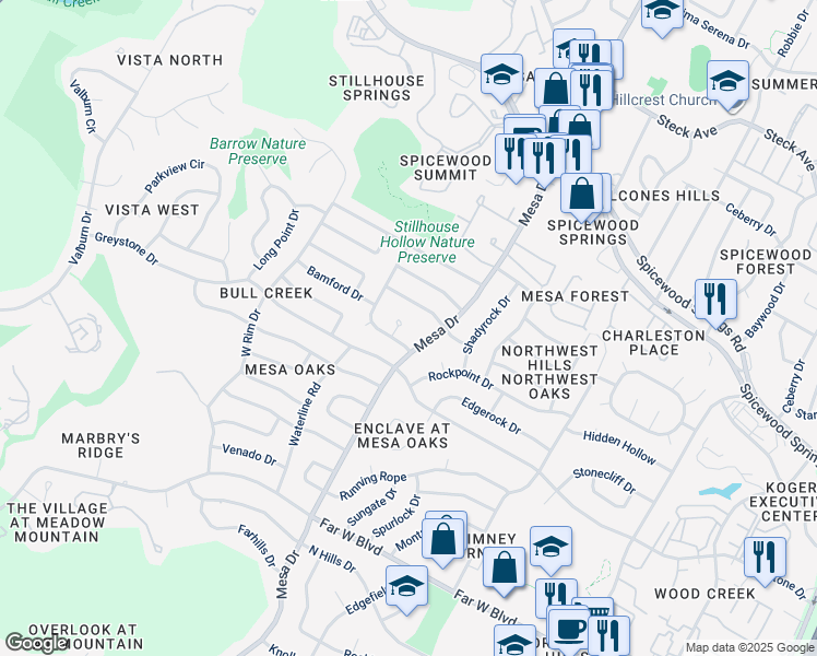 map of restaurants, bars, coffee shops, grocery stores, and more near 7603 Rustling Cove in Austin