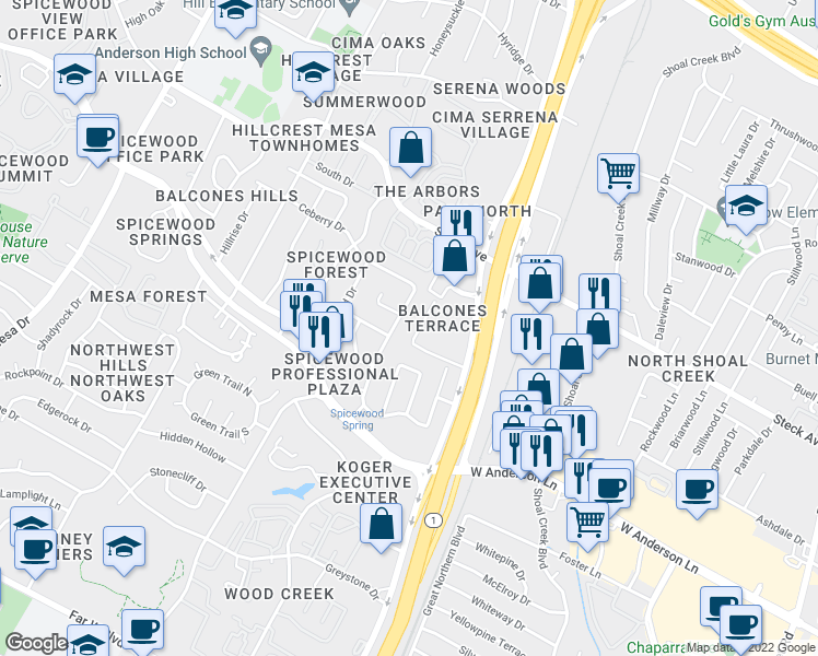 map of restaurants, bars, coffee shops, grocery stores, and more near 8100 Sonnet Avenue in Austin