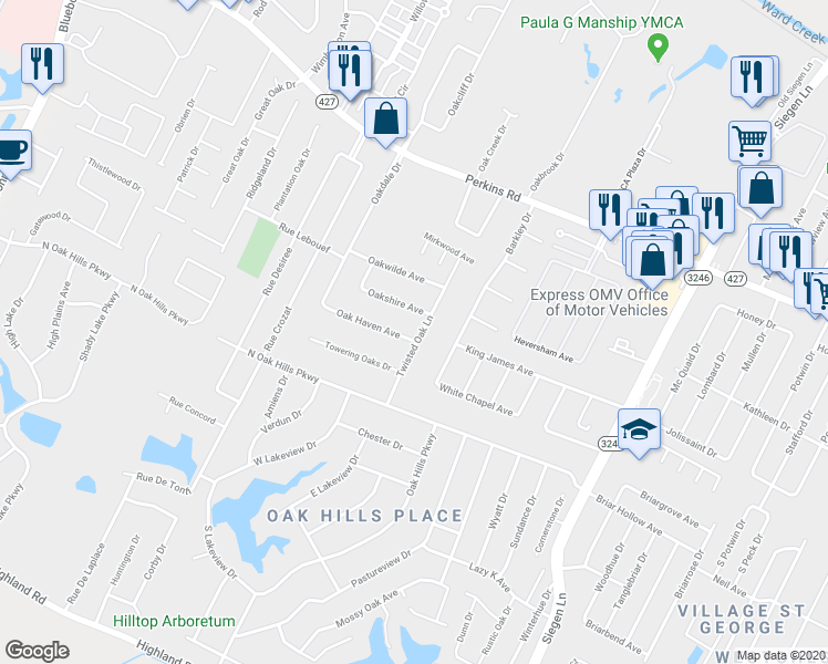 map of restaurants, bars, coffee shops, grocery stores, and more near 12139 Oak Haven Avenue in Baton Rouge