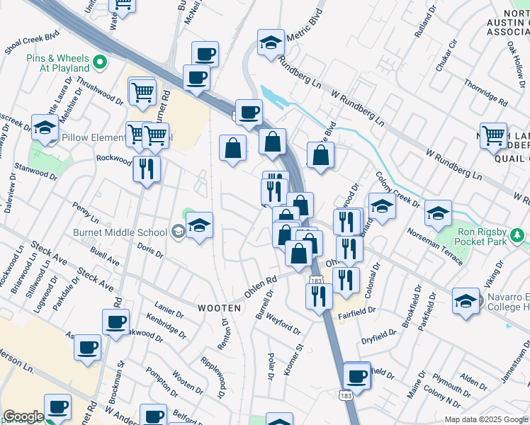 map of restaurants, bars, coffee shops, grocery stores, and more near 8615 Putnam Drive in Austin