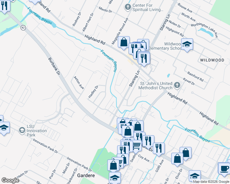 map of restaurants, bars, coffee shops, grocery stores, and more near 724 Stoney Creek Avenue in Baton Rouge