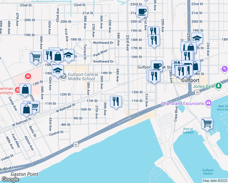 map of restaurants, bars, coffee shops, grocery stores, and more near 3408 12th Street in Gulfport