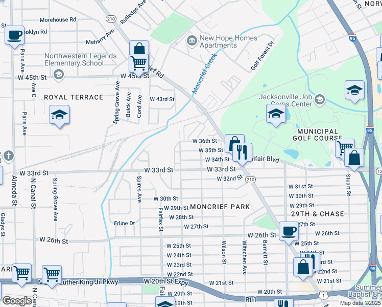 map of restaurants, bars, coffee shops, grocery stores, and more near 1636 West 35th Street in Jacksonville