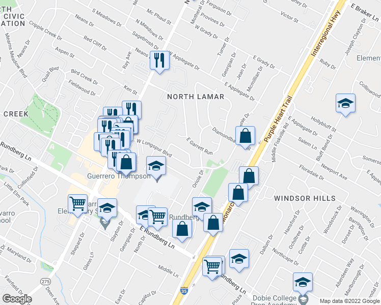 map of restaurants, bars, coffee shops, grocery stores, and more near 202 East Starling Drive in Austin