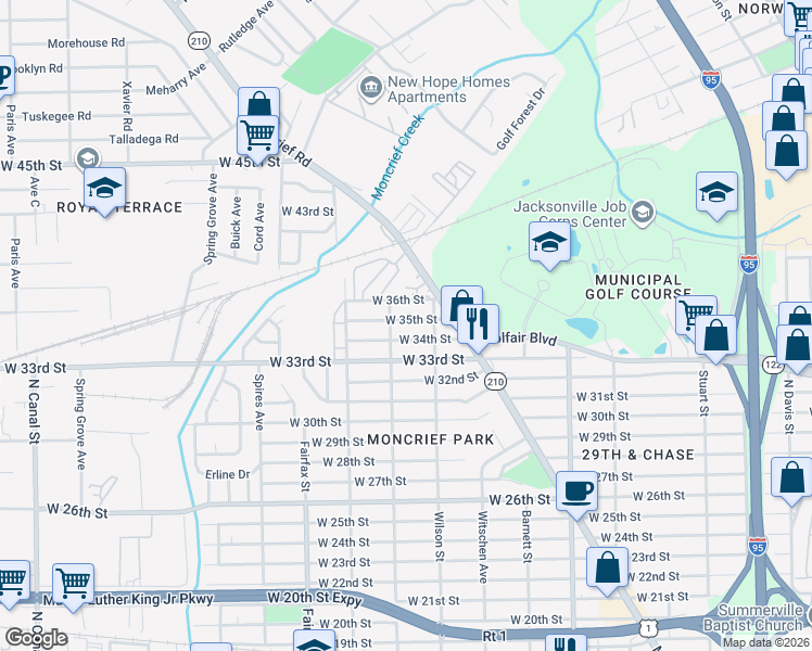 map of restaurants, bars, coffee shops, grocery stores, and more near 1578 West 35th Street in Jacksonville