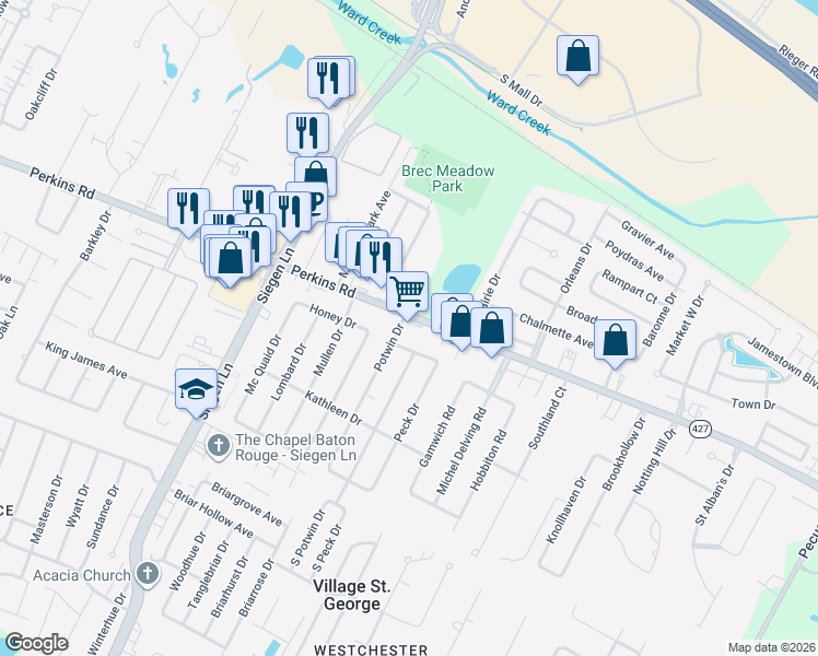 map of restaurants, bars, coffee shops, grocery stores, and more near 13510 Perkins Road in Baton Rouge