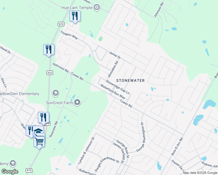 map of restaurants, bars, coffee shops, grocery stores, and more near 12208 Waterford Run Way in Manor