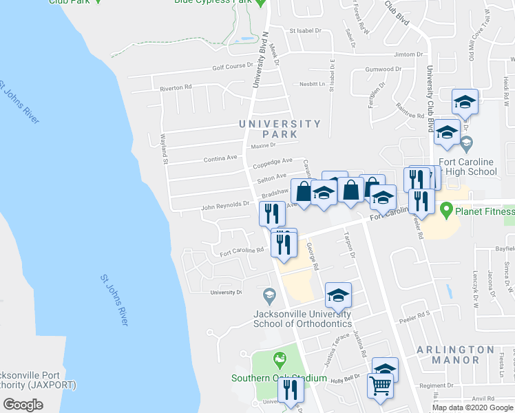 map of restaurants, bars, coffee shops, grocery stores, and more near 3760 University Boulevard in Jacksonville