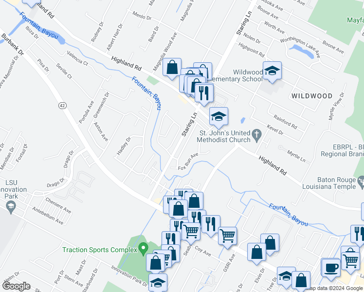 map of restaurants, bars, coffee shops, grocery stores, and more near 456 Highland Creek Parkway in Baton Rouge