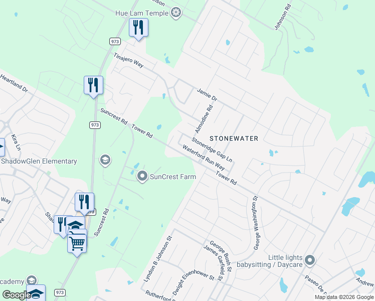 map of restaurants, bars, coffee shops, grocery stores, and more near 12117 Waterford Run Way in Manor