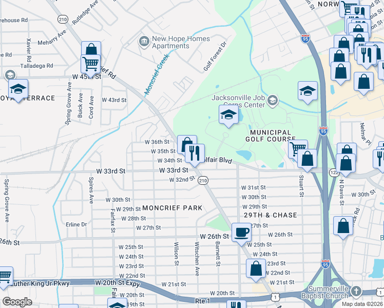 map of restaurants, bars, coffee shops, grocery stores, and more near 4515 Moncrief Road in Jacksonville