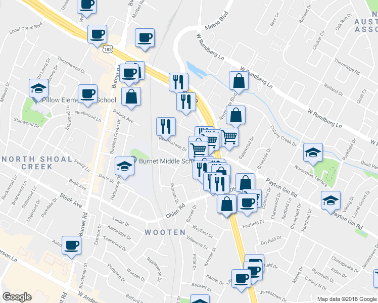 map of restaurants, bars, coffee shops, grocery stores, and more near 8615 Putnam Drive in Austin