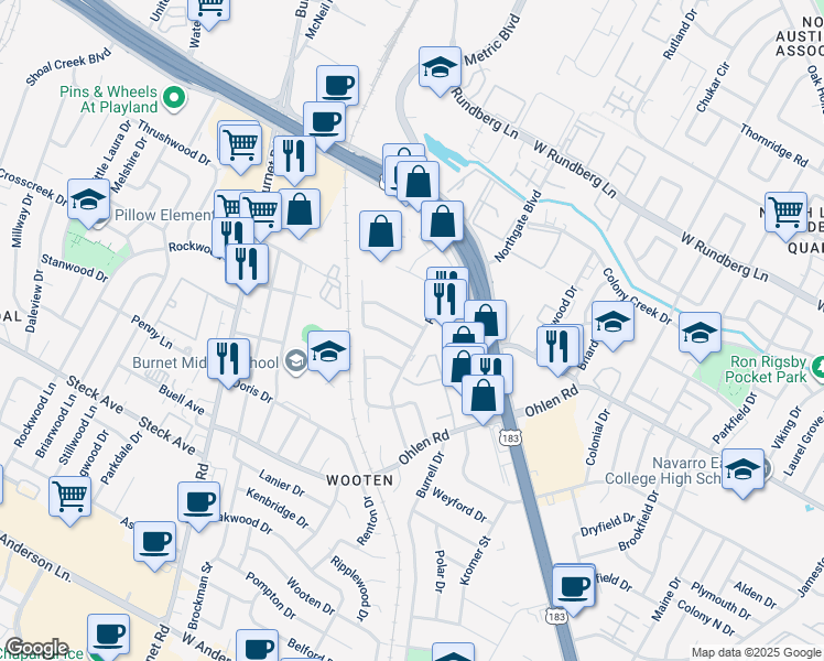 map of restaurants, bars, coffee shops, grocery stores, and more near 1908 Hearthside Drive in Austin