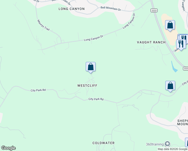 map of restaurants, bars, coffee shops, grocery stores, and more near 8000 Two Coves Drive in Austin