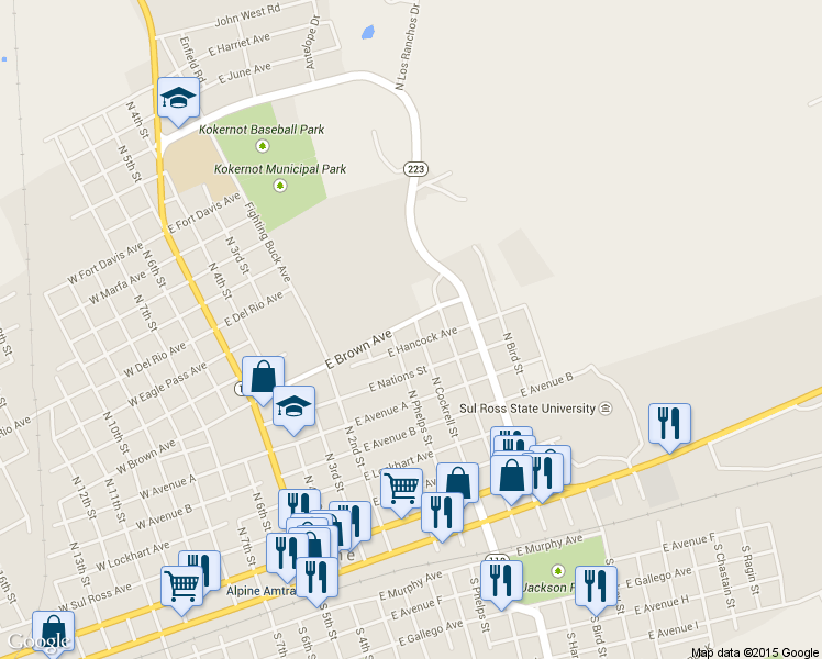 map of restaurants, bars, coffee shops, grocery stores, and more near 708 E Brown Ave in Alpine