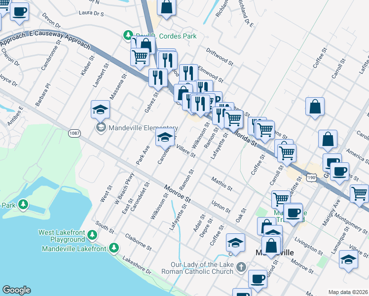 map of restaurants, bars, coffee shops, grocery stores, and more near 701 Aurora Street in Mandeville