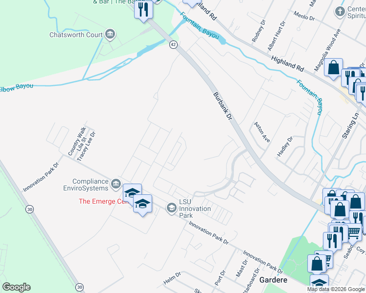 map of restaurants, bars, coffee shops, grocery stores, and more near 1106 Foxtail Drive in Baton Rouge