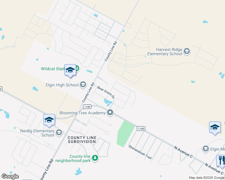 map of restaurants, bars, coffee shops, grocery stores, and more near 65 Railroad 4 in Elgin