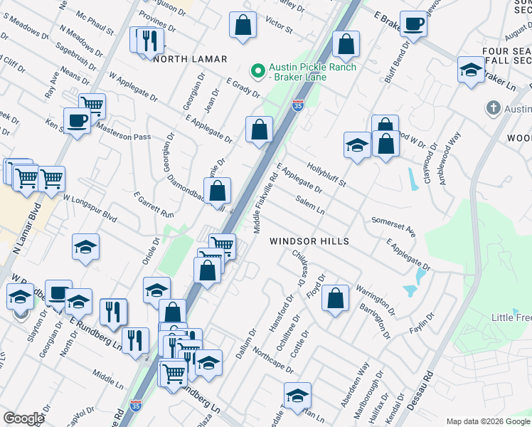 map of restaurants, bars, coffee shops, grocery stores, and more near 802 Floradale Drive in Austin