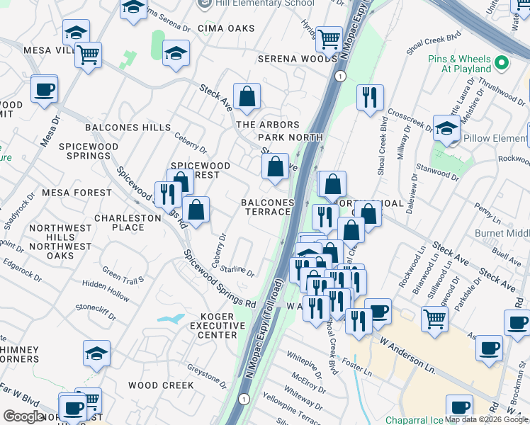map of restaurants, bars, coffee shops, grocery stores, and more near 8100 North Mopac Expressway in Austin