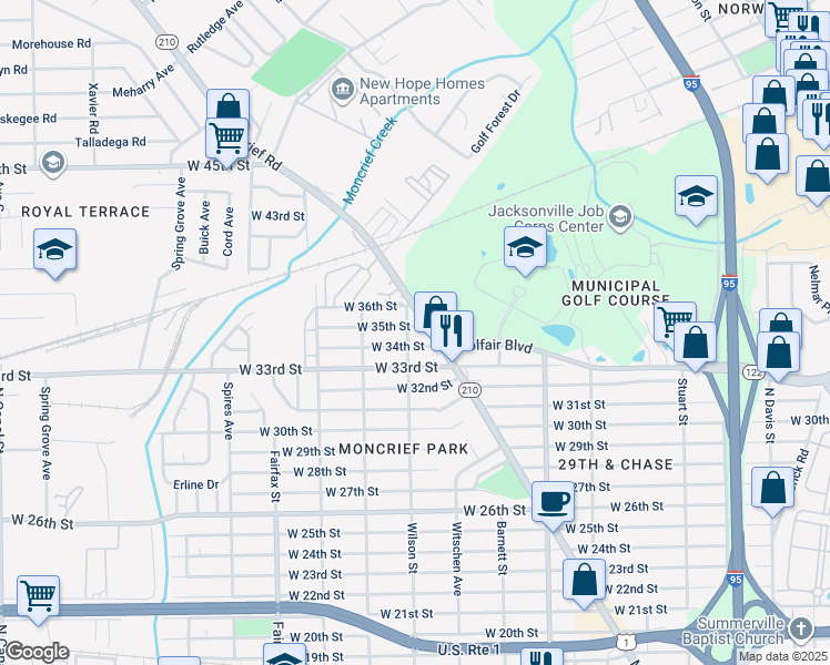 map of restaurants, bars, coffee shops, grocery stores, and more near 1518 West 35th Street in Jacksonville