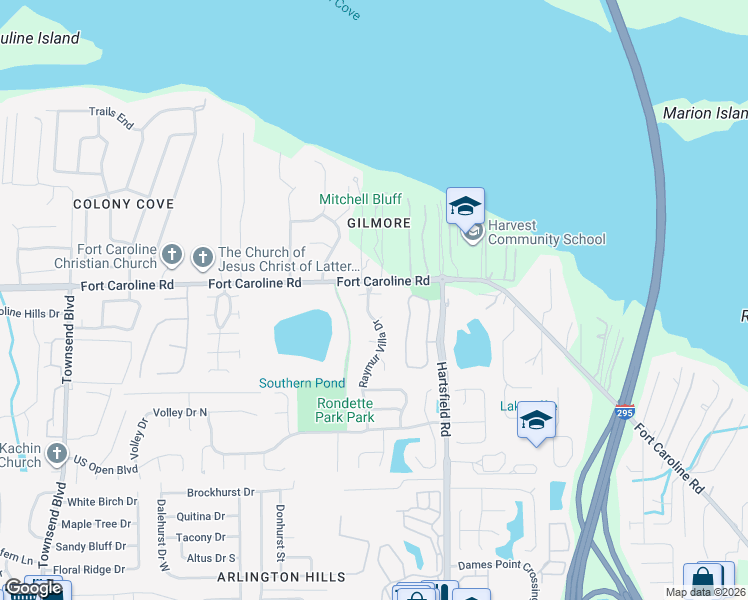 map of restaurants, bars, coffee shops, grocery stores, and more near 8038 Voltaire Court West in Jacksonville