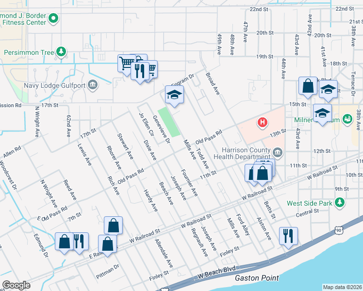 map of restaurants, bars, coffee shops, grocery stores, and more near 4604 Old Pass Road in Gulfport
