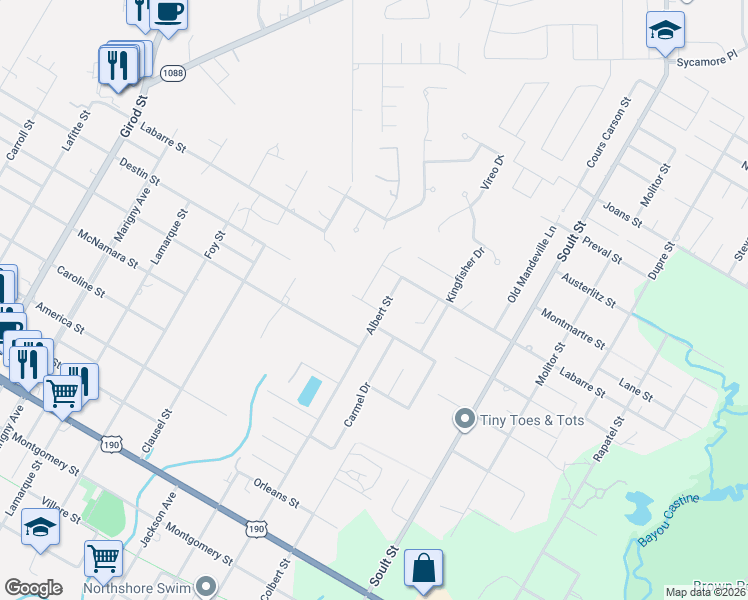 map of restaurants, bars, coffee shops, grocery stores, and more near 1336 Destin Street in Mandeville