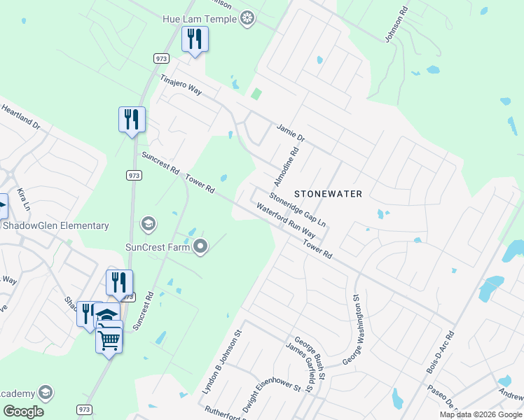 map of restaurants, bars, coffee shops, grocery stores, and more near 12115 Waterford Run Way in Manor