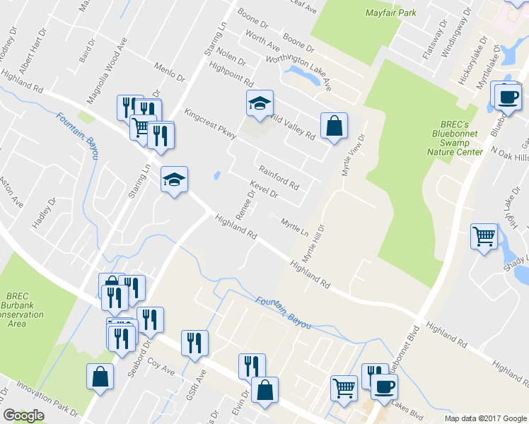 map of restaurants, bars, coffee shops, grocery stores, and more near 9602 Myrtle Lane in Baton Rouge