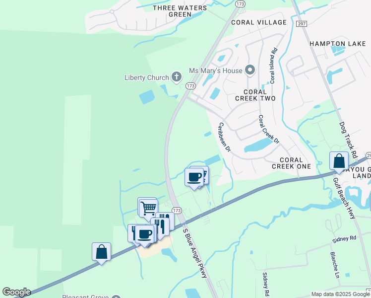 map of restaurants, bars, coffee shops, grocery stores, and more near 2600 South Blue Angel Parkway in Pensacola