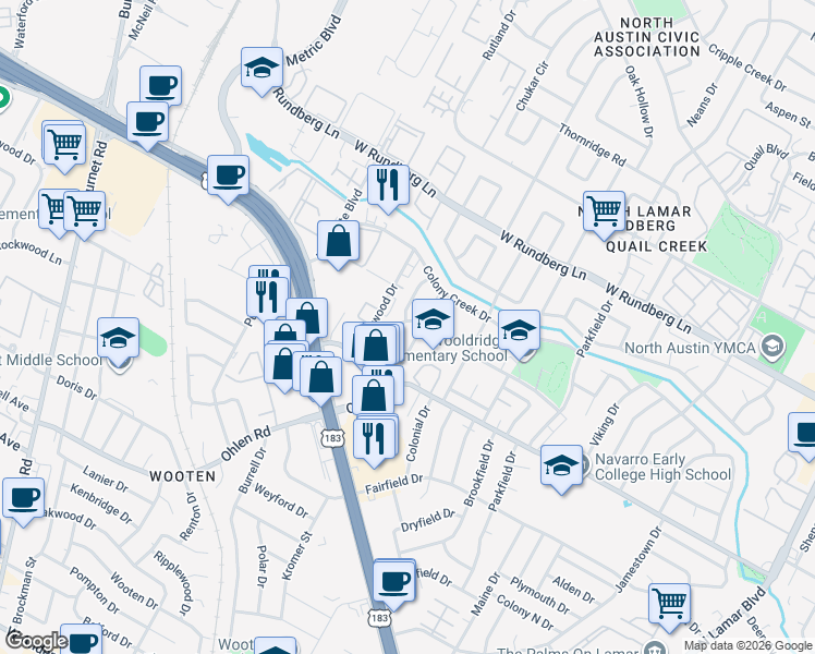 map of restaurants, bars, coffee shops, grocery stores, and more near 8915 Pointer Lane in Austin