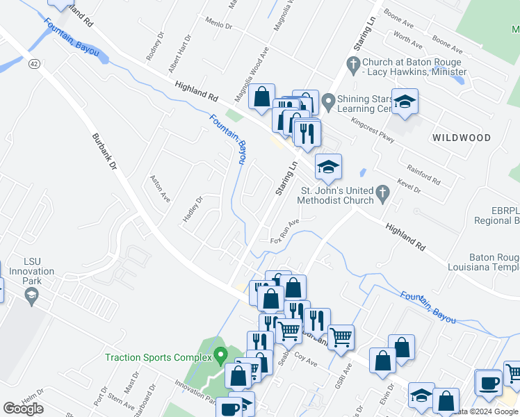 map of restaurants, bars, coffee shops, grocery stores, and more near 422 Misty Creek Drive in Baton Rouge