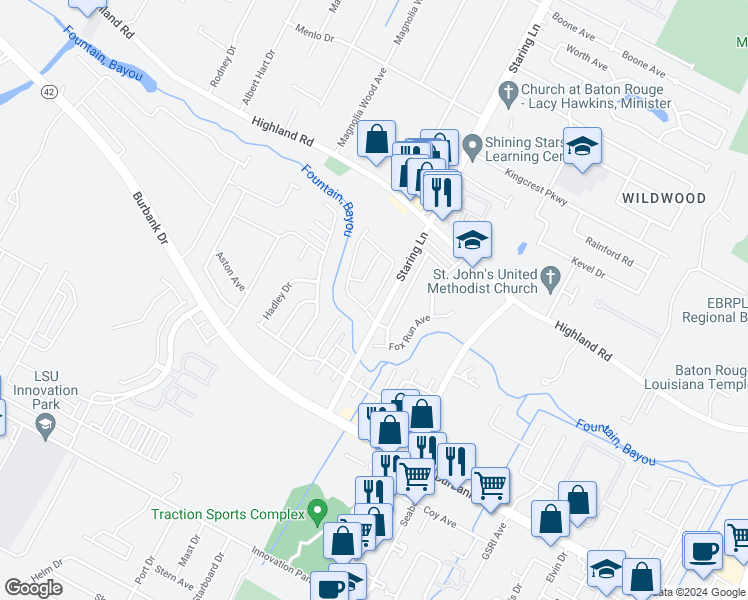 map of restaurants, bars, coffee shops, grocery stores, and more near Misty Creek Drive in Baton Rouge