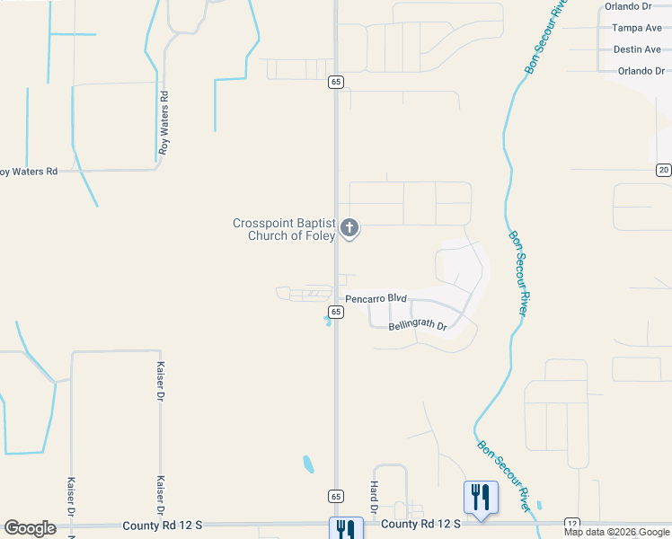 map of restaurants, bars, coffee shops, grocery stores, and more near 9714 County Road 65 in Foley