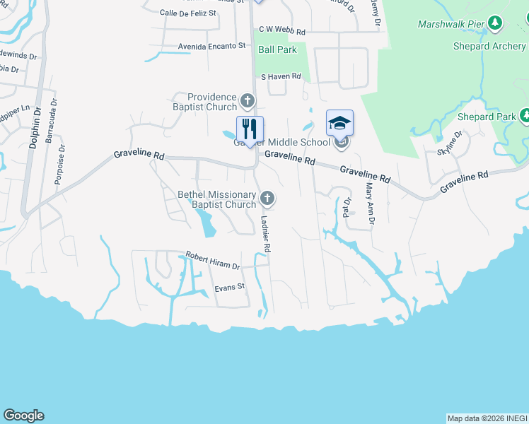 map of restaurants, bars, coffee shops, grocery stores, and more near 1608 Ladnier Rd in Gautier