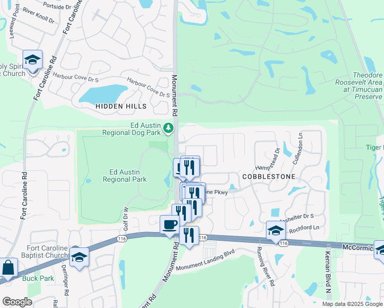 map of restaurants, bars, coffee shops, grocery stores, and more near 3333 Monument Road in Jacksonville